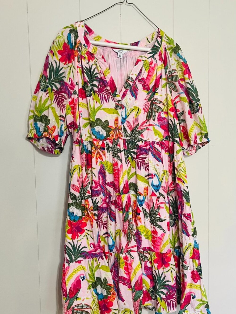 Crown & Ivy Tropical Floral Tiered Dress Puff Sleeves Size Large Cotton